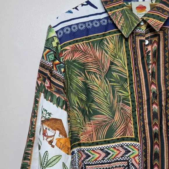 Farm Rio Tropical Mixed Scarfs Patterned Button Up Shirt Sz XL Beach Vacation - Picture 3 of 9